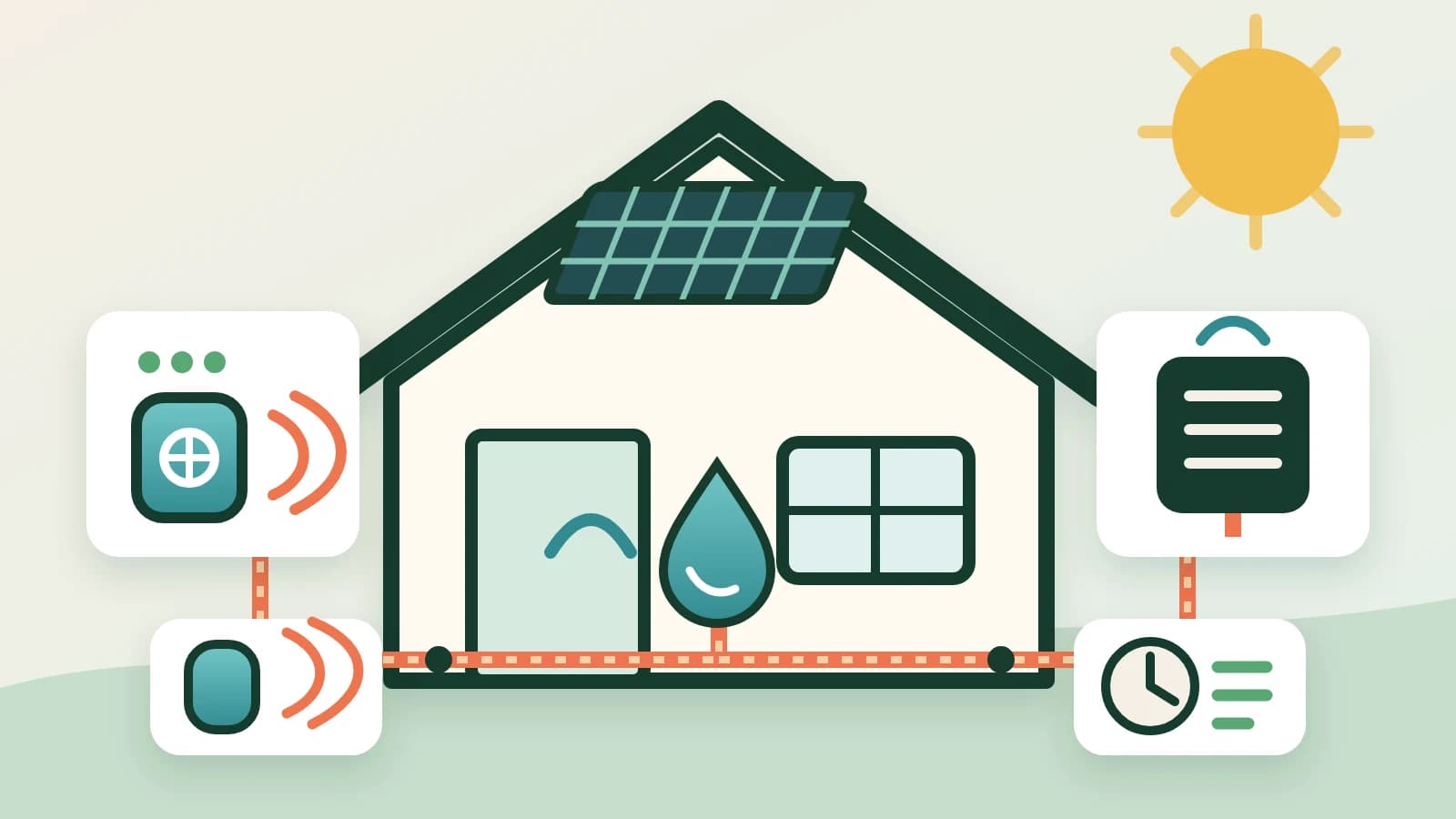 Illustrated Australian home with heat-pump, solar, storage and instantaneous hot-water options