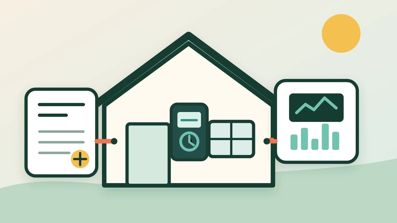 Illustrated Australian home with a digital smart meter, interval-usage chart and electricity bill